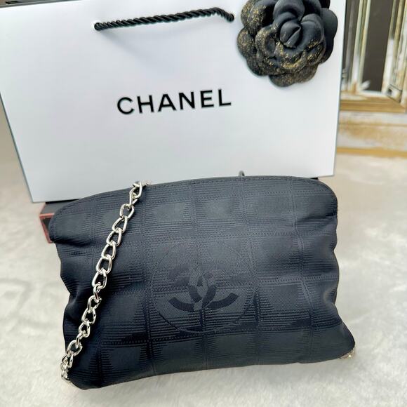 CHANEL Black Canvas New Travel Line Pouch wristlet, Crossbody Bag with Chains - Picture 3 of 16
